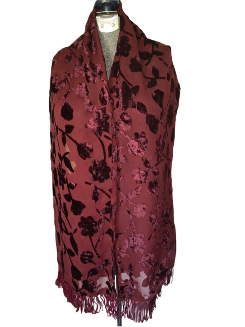 Women's Unbranded Floral Velvet Burnout Scarf One Size Burgundy